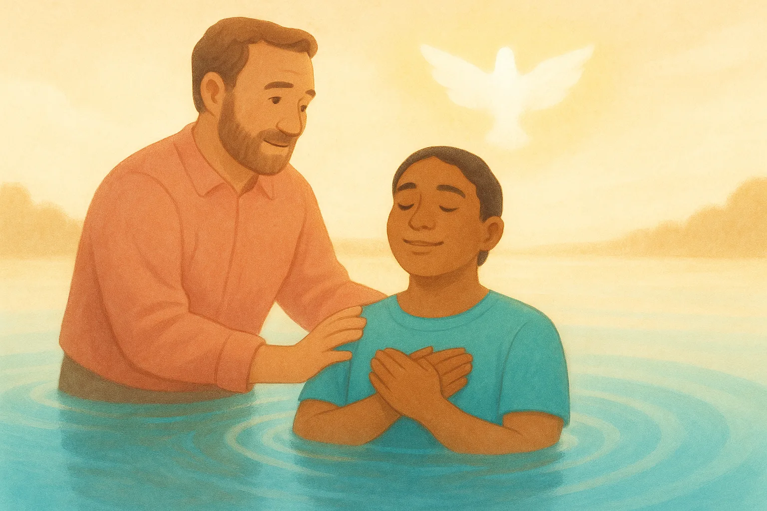 A person being baptized in calm, living waters under radiant morning light.